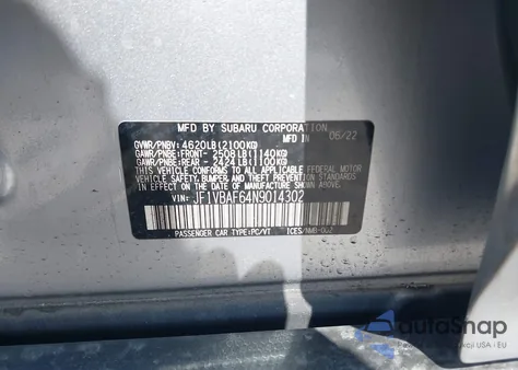 2022 Subaru Wrx Premium из США, поврежденный, VIN JF1VBAF64N9014302